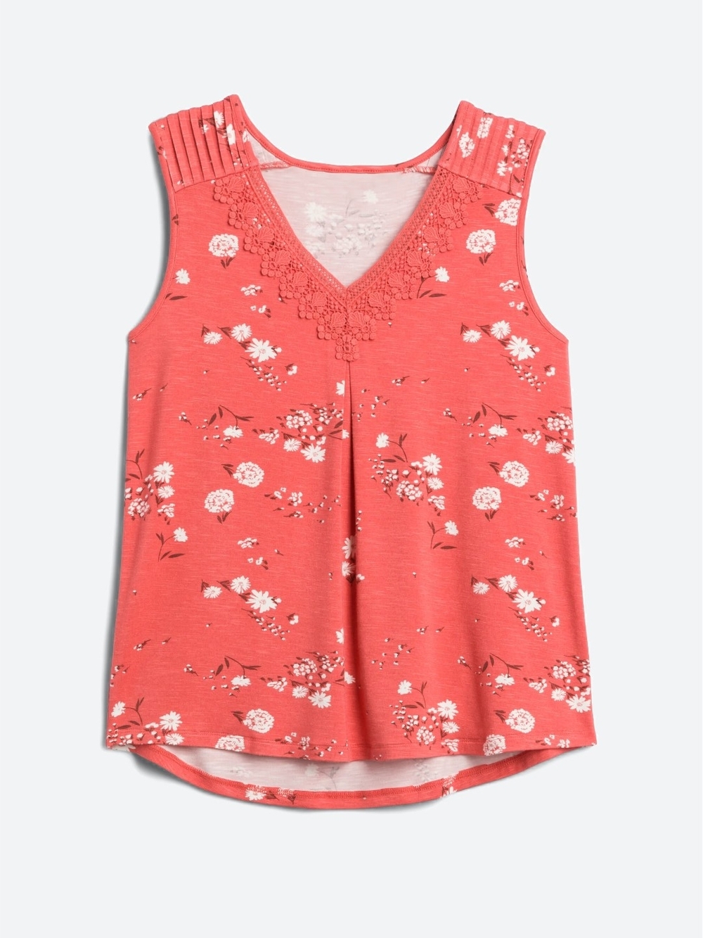 Sleeveless Coral Floral V-Neck Top with Lace Trim
